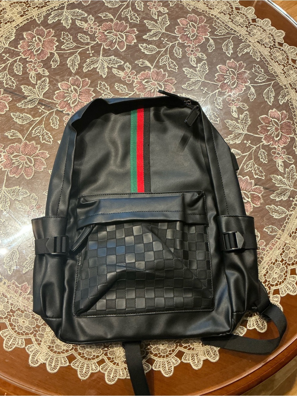 Black leather Backpack, Red and Green Stripe